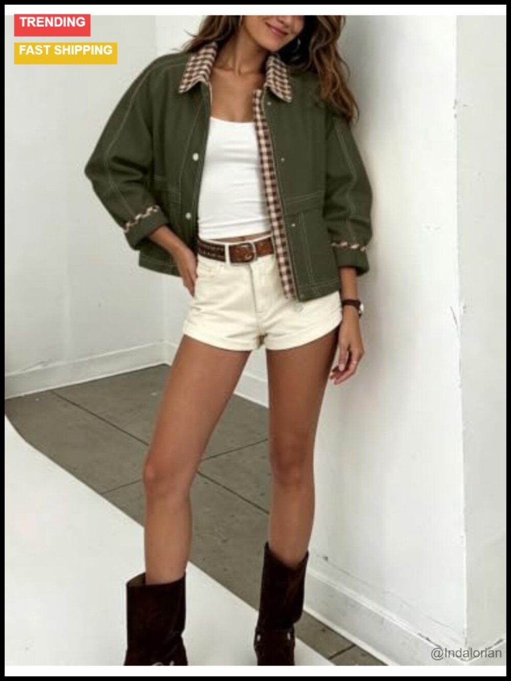 Women's Cropped Plaid Barn Jacket Lightweight Bomber Coat - Picture 3 of 6